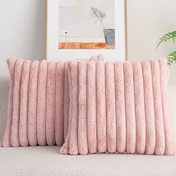 Deeland Other - 2 Double-Sided Faux Fur Plush Throw Pillow Covers Fuzzy Striped Soft pink 18x18